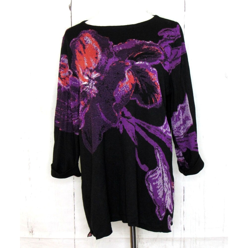 Chico's Black Tunic Sweater Size 4 (XXL) 3/4 Roll Cuff Sleeve Red Purple Floral